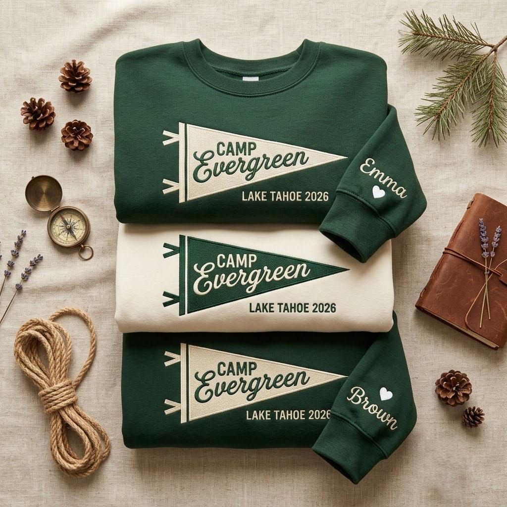 Custom Camp Lake Tahoe Sweatshirt, Personalized Camping Trip Pennant Crewneck