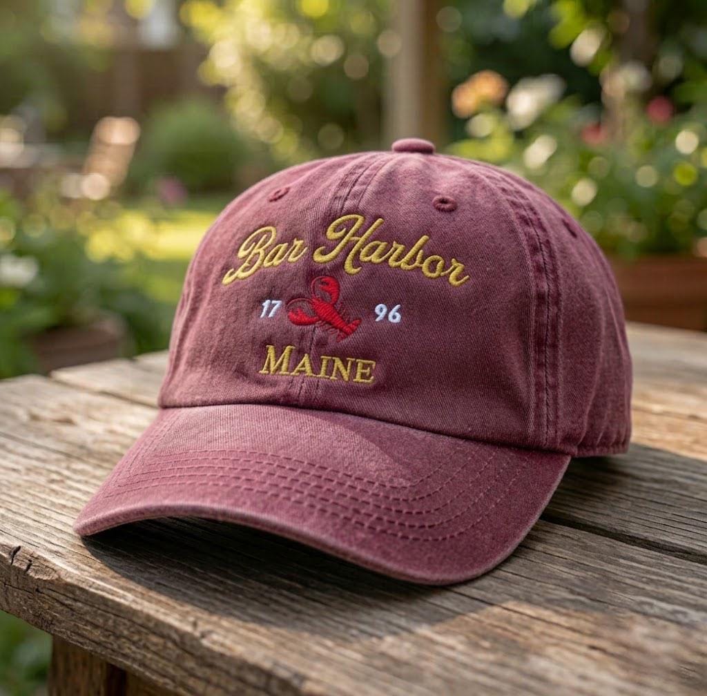 Bar Harbor Maine Lobster Embroidered Hat, Coastal Baseball Cap, Travel Souvenir Gift