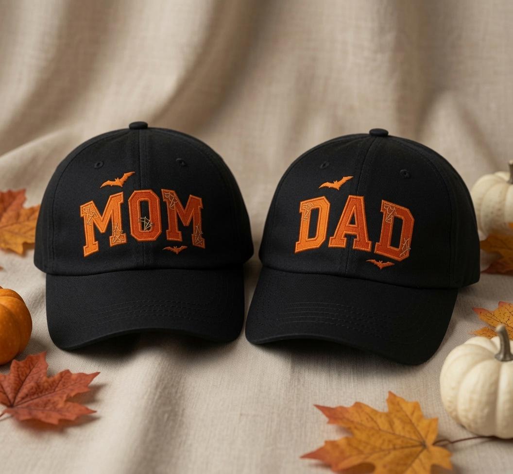 Halloween Mom & Dad Embroidered Cap - Spooky Bat & Spiderweb Matching Hat