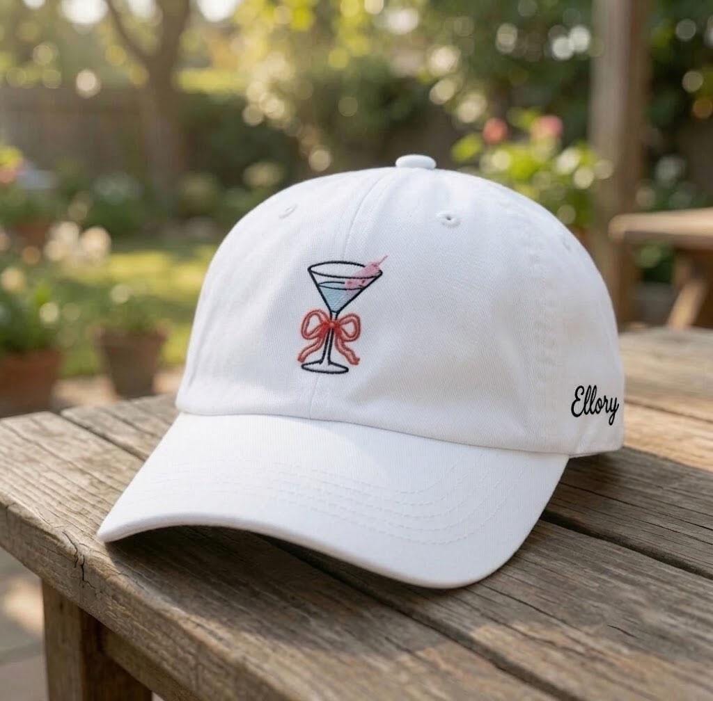 Custom Bow Martini Hat, Embroidered Cocktail Cap, Personalized Side Name Hat, Coquette Drink Cap, Summer Party Gift, Bachelorette Trip Hat