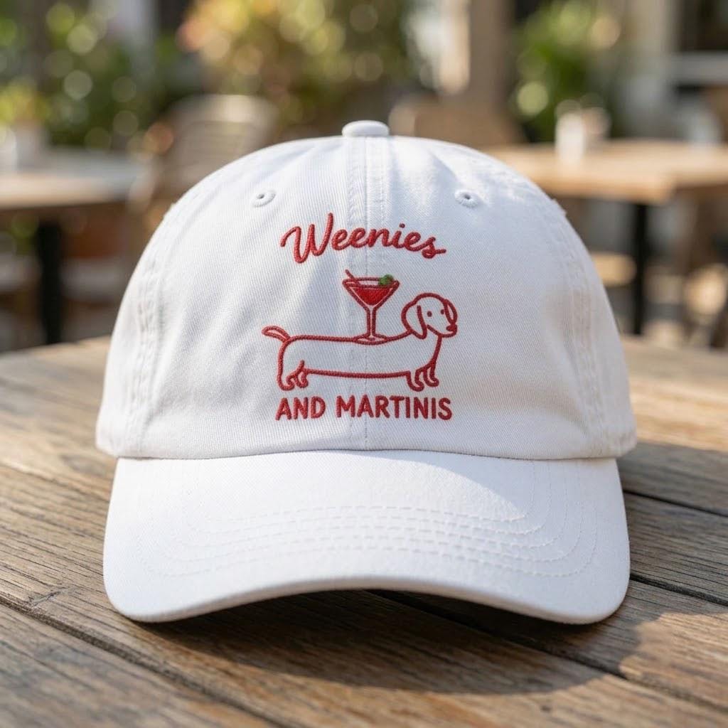 Custom Weenies and Martinis Hat, Dachshund Cocktail Cap, Cute Dog Dad Hat, Funny Weiner Dog Gift, Dog Lover Hat, Embroidered Pet Cap