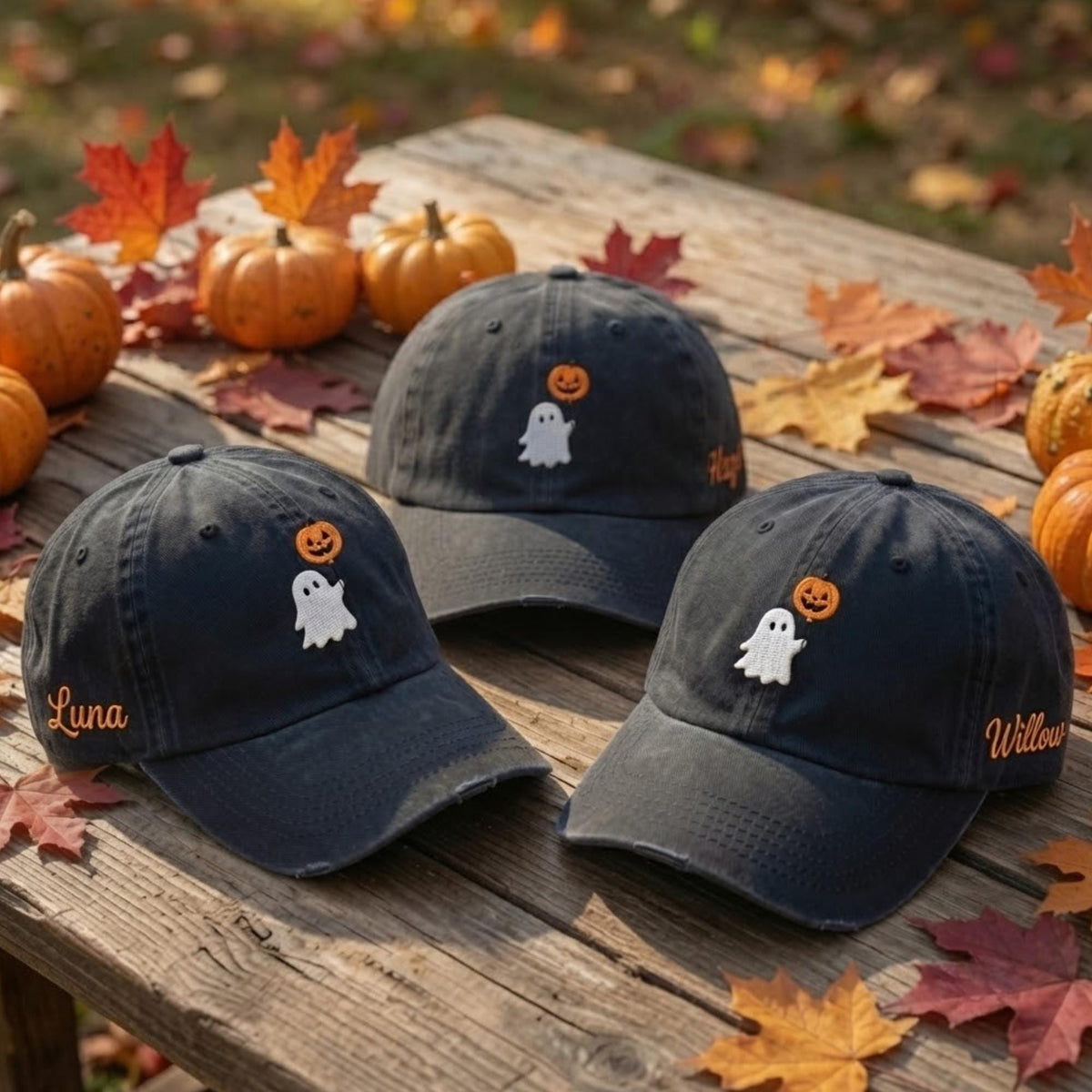 Ghost Pumpkin Halloween Embroidered Hat, Custom Name Spooky Baseball Cap, Autumn Gift