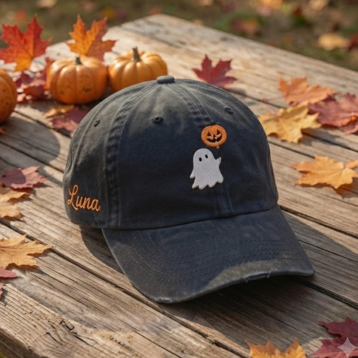 Ghost Pumpkin Halloween Embroidered Hat, Custom Name Spooky Baseball Cap, Autumn Gift