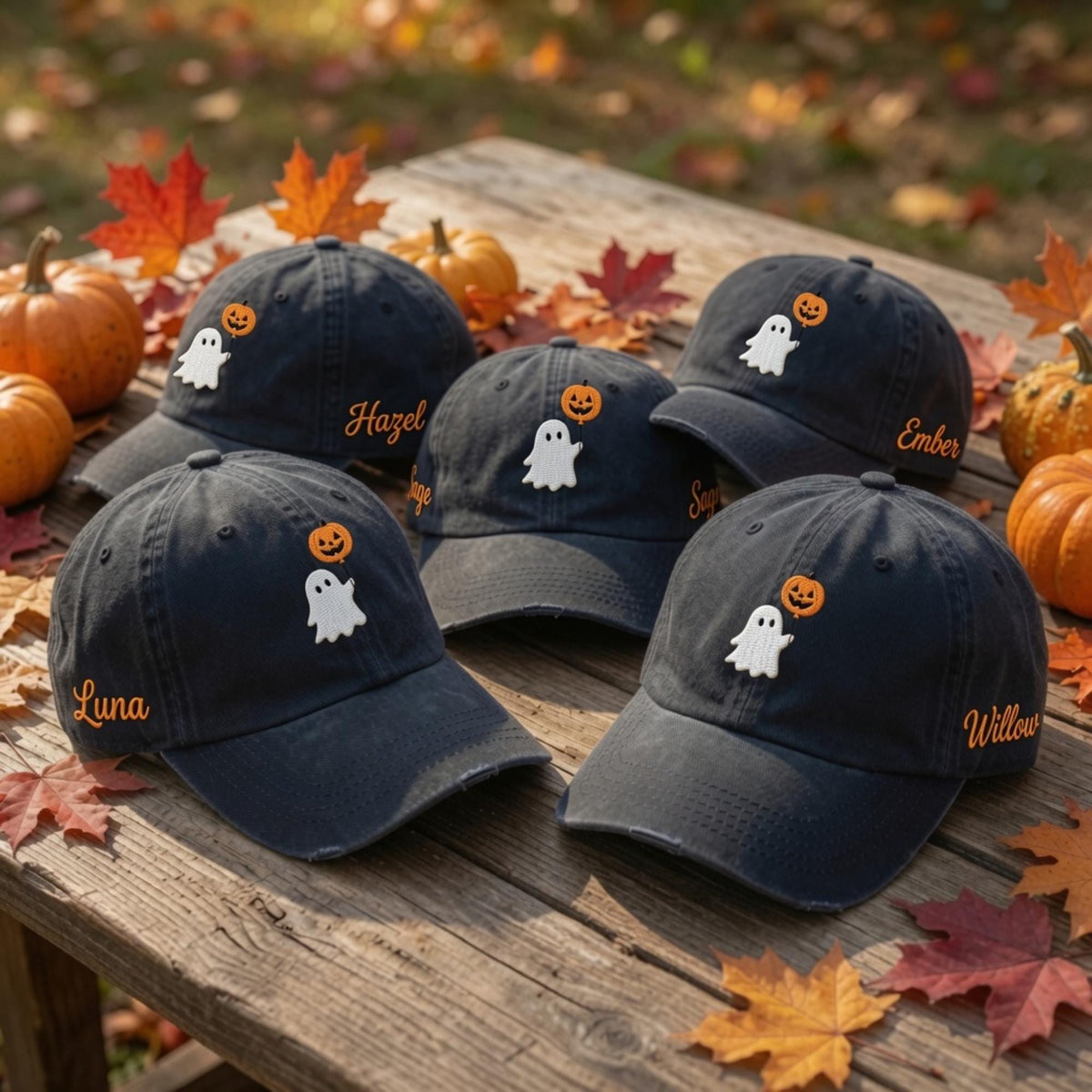 Ghost Pumpkin Halloween Embroidered Hat, Custom Name Spooky Baseball Cap, Autumn Gift