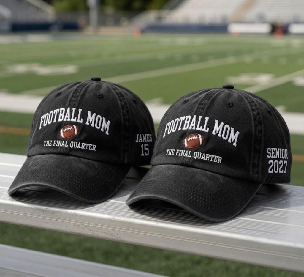 Custom Football Mom Embroidered Cap Set, The Final Quarter Varsity Baseball Hat, Senior Night Sports Dad Cap, Football Season Hat