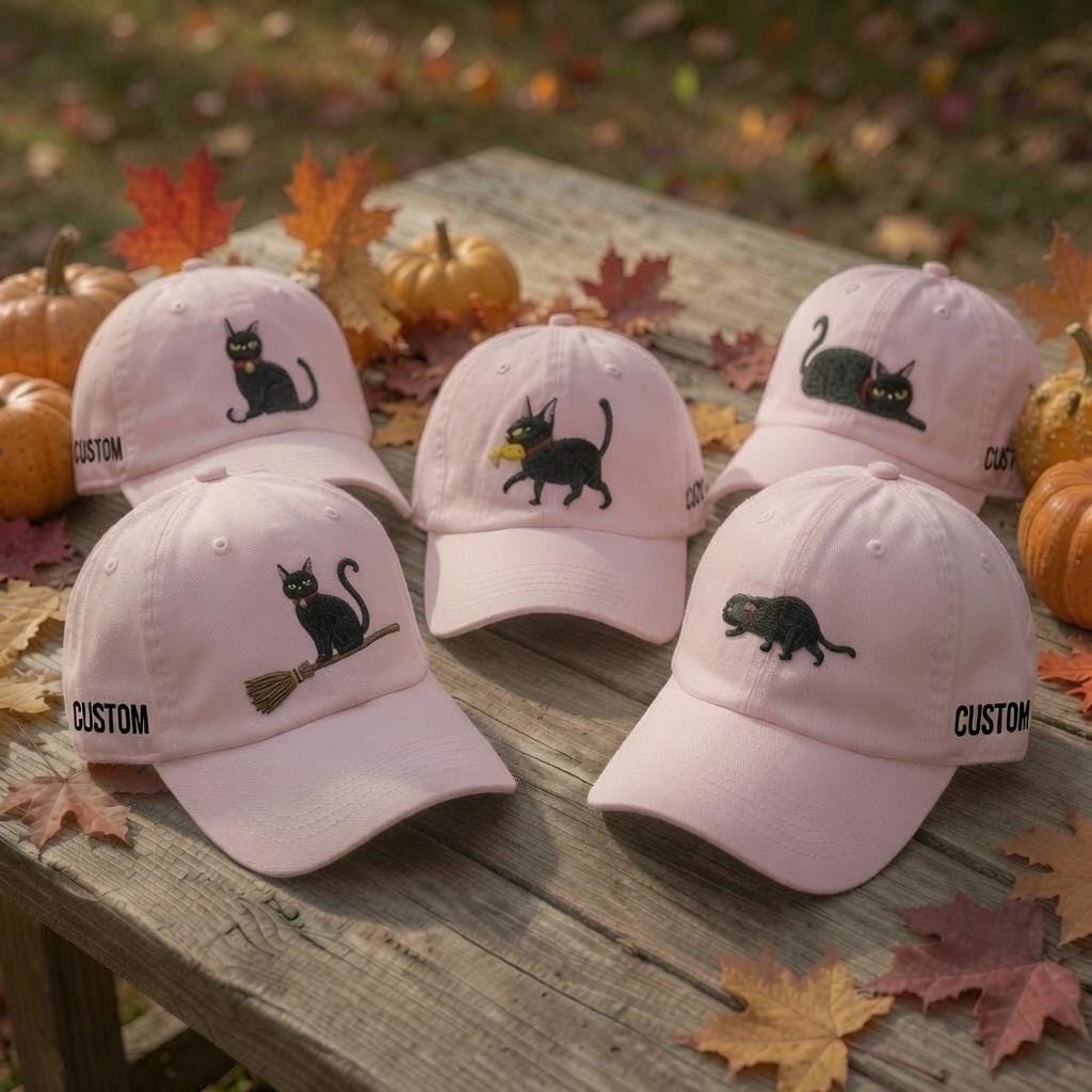 Custom Black Cat Embroidered Hat, Personalized Halloween Kitten Baseball Cap, Cat Lover Gift