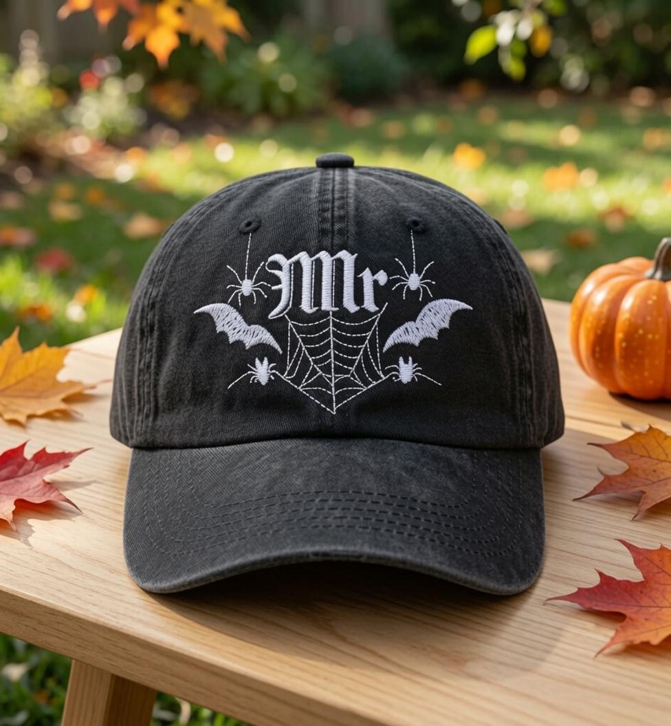 Custom Mr. & Mrs. Halloween Embroidered Hat - Gothic Spider Web Couple Cap