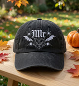 Custom Mr. & Mrs. Halloween Embroidered Hat - Gothic Spider Web Couple Cap