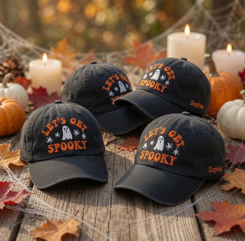 Custom Name Let's Get Spooky Embroidered Hat, Personalized Ghost Spider Halloween Baseball Cap, Vintage Washed Black Spooky Dad Hat