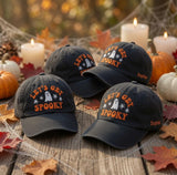 Custom Name Let's Get Spooky Embroidered Hat, Personalized Ghost Spider Halloween Baseball Cap, Vintage Washed Black Spooky Dad Hat
