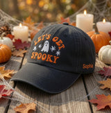 Custom Name Let's Get Spooky Embroidered Hat, Personalized Ghost Spider Halloween Baseball Cap, Vintage Washed Black Spooky Dad Hat