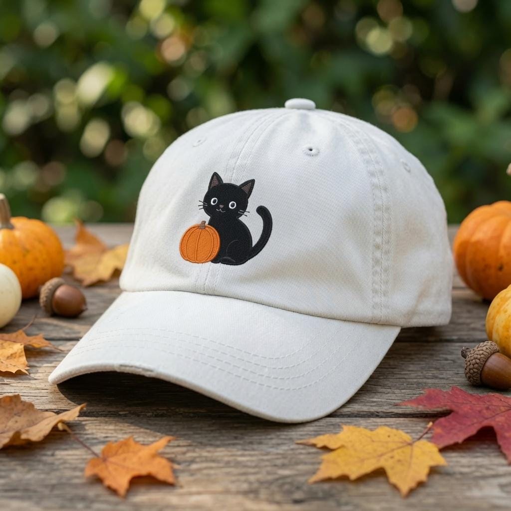 Custom Halloween Black Cat Embroidered Hat, Cute Pumpkin Witch Cat White Baseball Cap, Personalized Spooky Season Dad Hat Gift