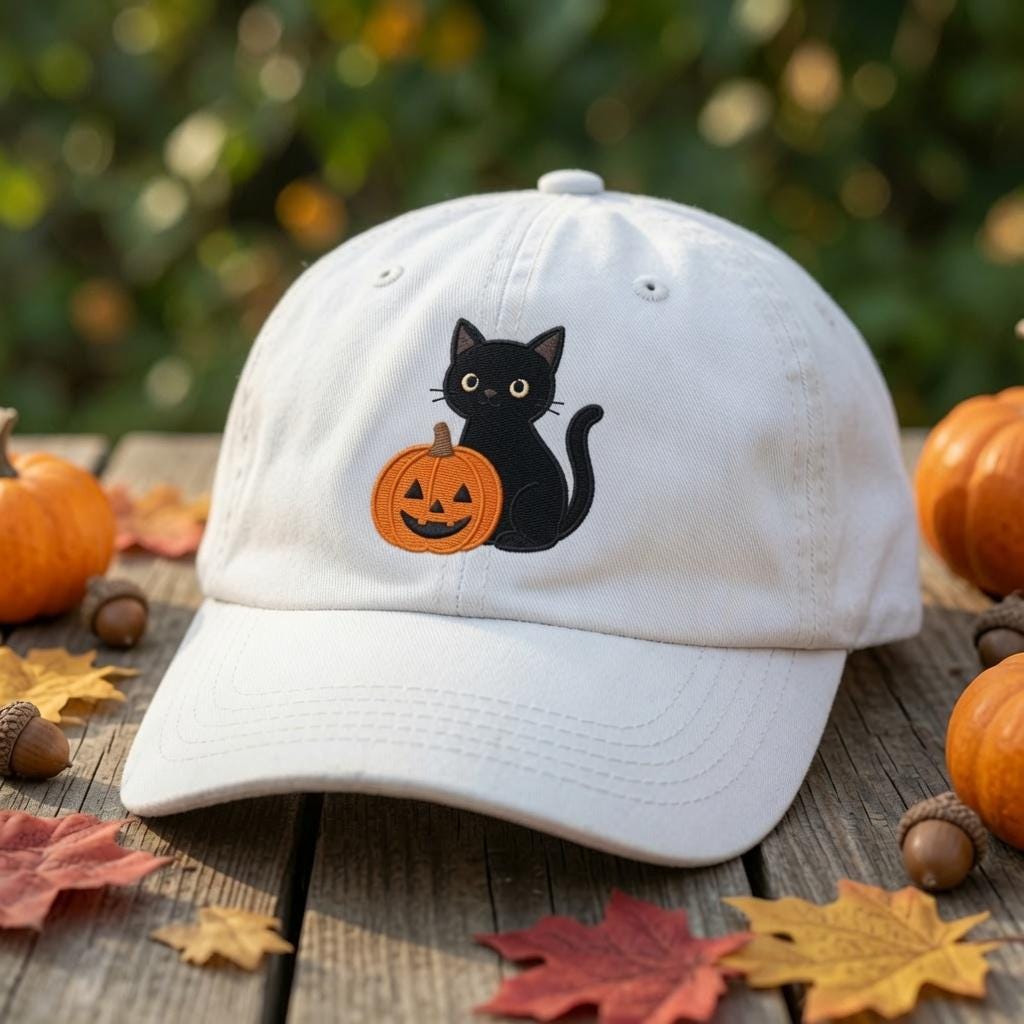 Custom Halloween Black Cat Embroidered Hat, Cute Pumpkin Witch Cat White Baseball Cap, Personalized Spooky Season Dad Hat Gift