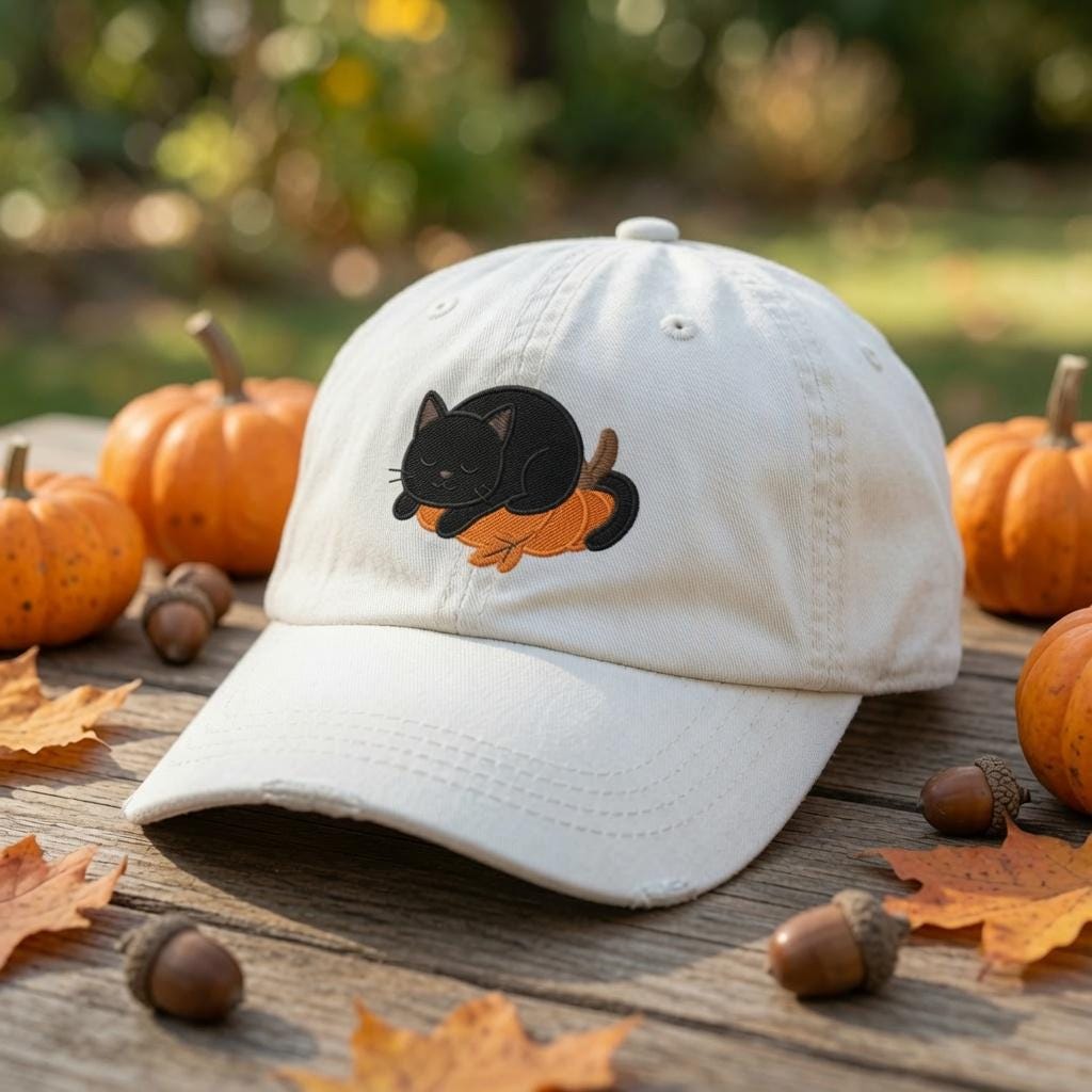 Custom Halloween Black Cat Embroidered Hat, Cute Pumpkin Witch Cat White Baseball Cap, Personalized Spooky Season Dad Hat Gift