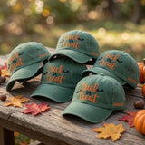 Custom Name Trick Or Treat Embroidered Hat, Personalized Halloween Bats Baseball Cap, Vintage Washed Green Spooky Dad Hat Gift