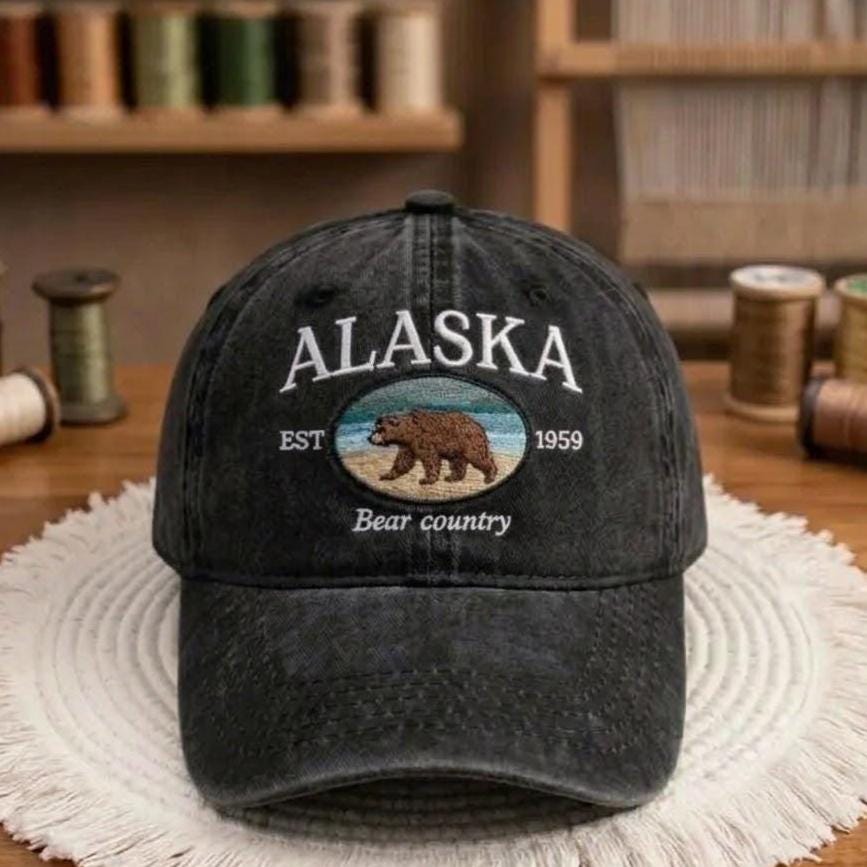 Alaska Bear Embroidered Hat, Vintage Washed Cotton Baseball Cap, Wildlife Outdoor Gift