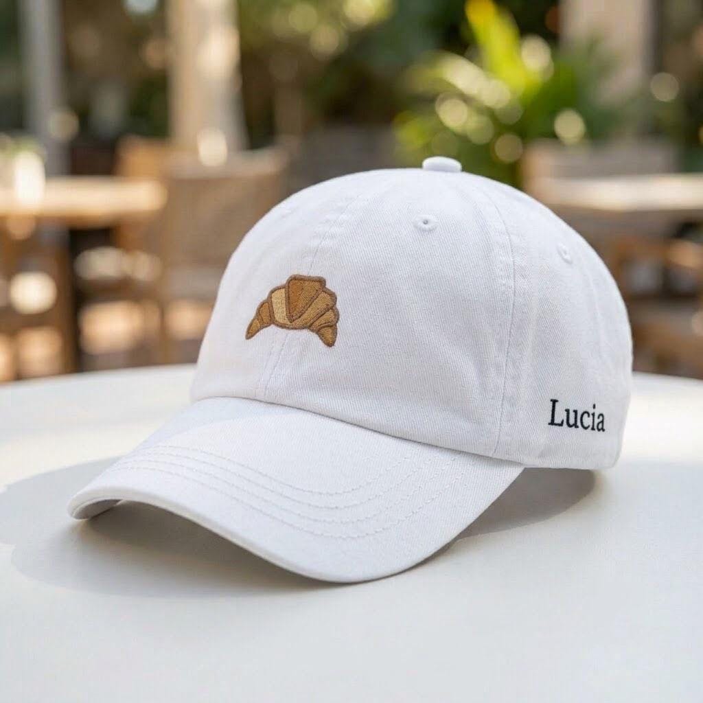 Custom Croissant Hat, Embroidered Pastry Cap, Personalized Side Name Hat, Cute French Bakery Gift, Foodie Dad Hat, Aesthetic Bakery Cap