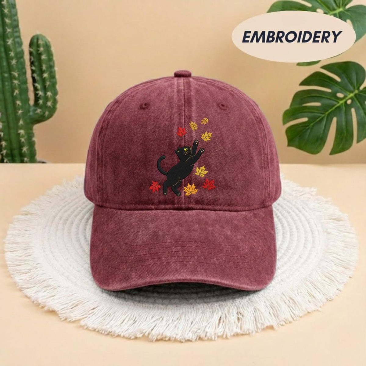 Black Cat Fall Leaves Embroidered Hat - Spooky Autumn Cat Lover Cap