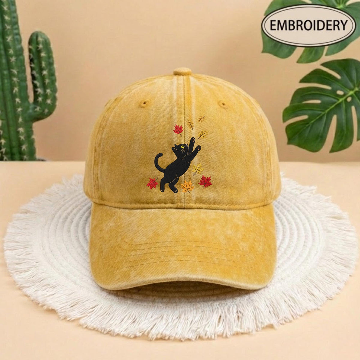 Black Cat Fall Leaves Embroidered Hat - Spooky Autumn Cat Lover Cap