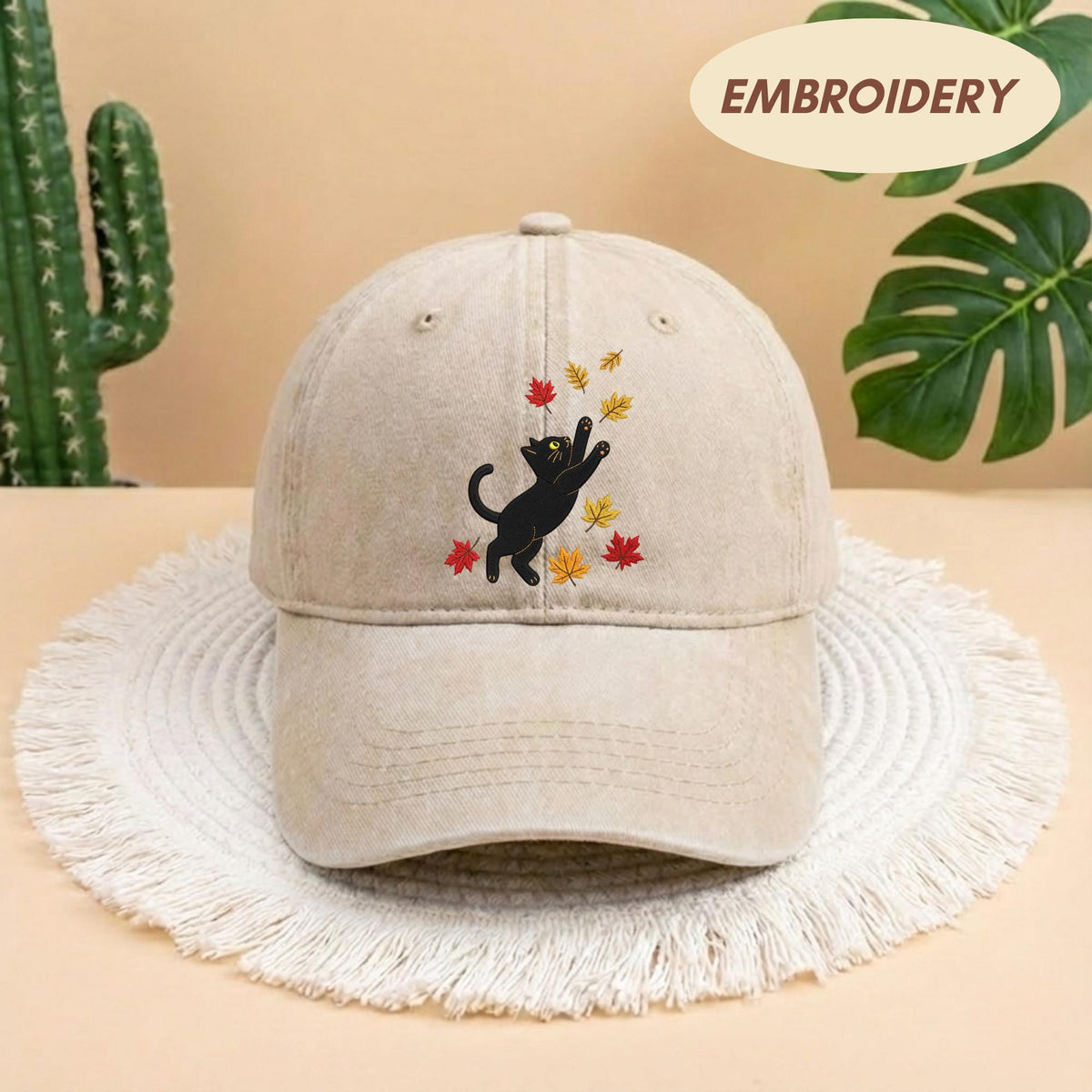 Black Cat Fall Leaves Embroidered Hat - Spooky Autumn Cat Lover Cap