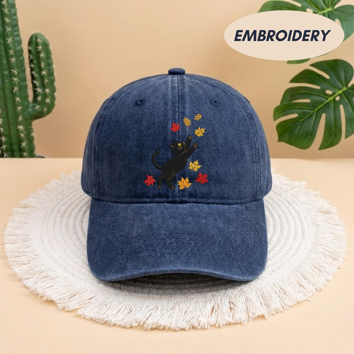 Black Cat Fall Leaves Embroidered Hat - Spooky Autumn Cat Lover Cap