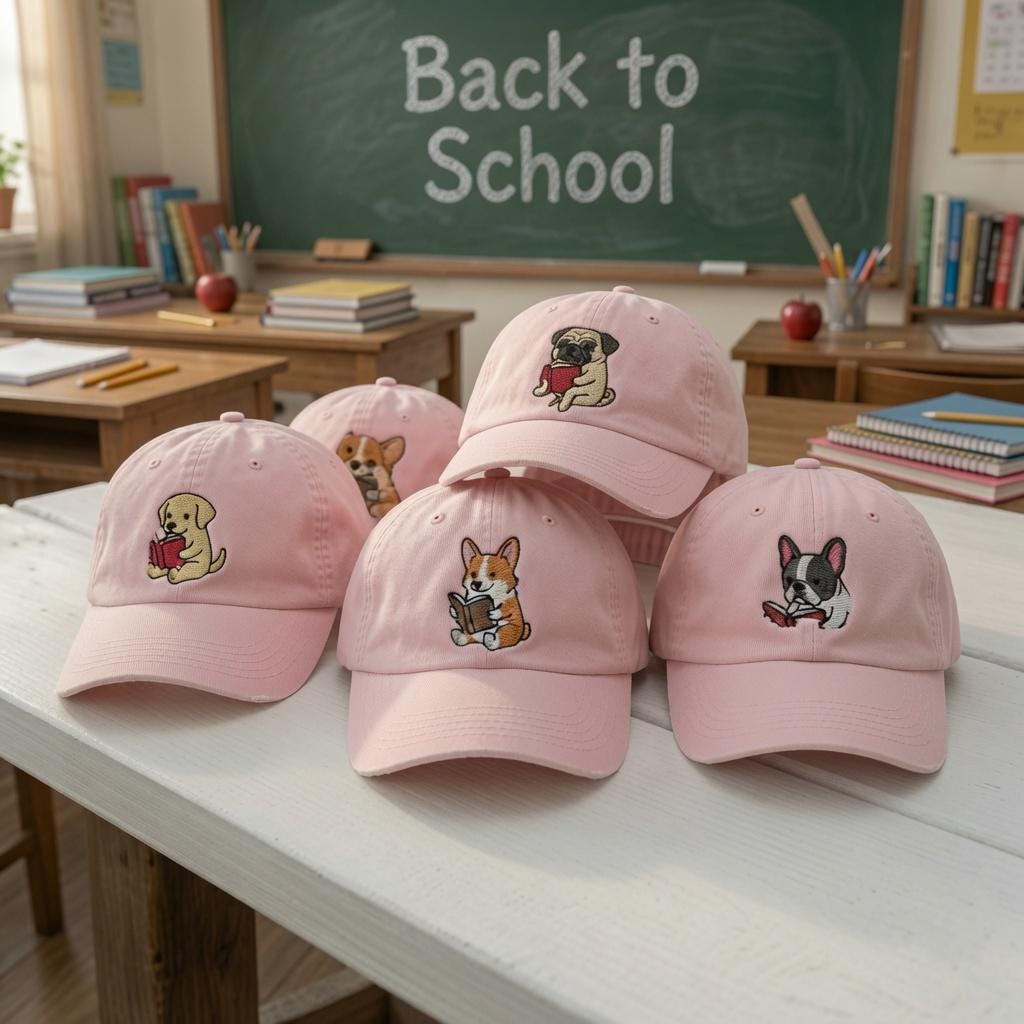 Reading Dog Embroidered Hat, Cute Puppy Book Lover Baseball Cap, Reader Gift