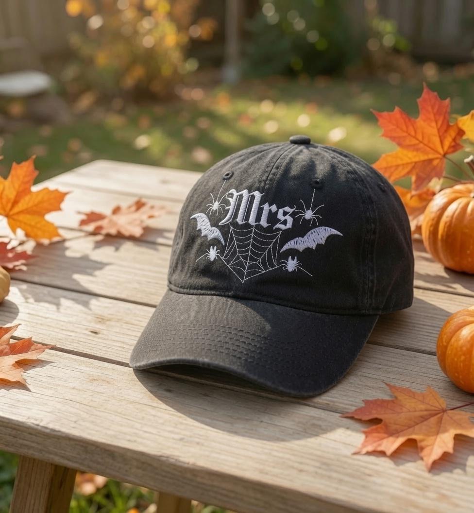 Custom Mr. & Mrs. Halloween Embroidered Hat - Gothic Spider Web Couple Cap