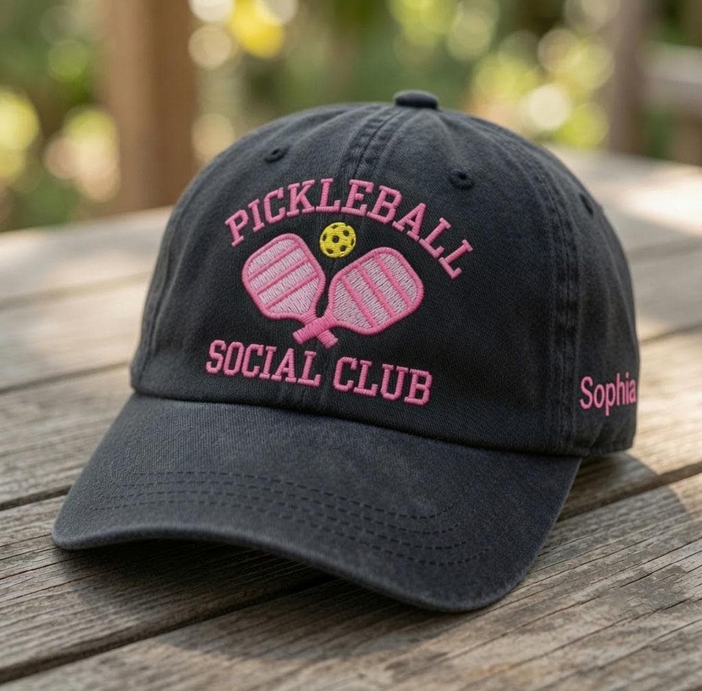 Custom Pickleball Social Club Embroidered Hat, Personalized Pink Pickleball Paddle White Baseball Cap, Cute Pickleball Gift for Her