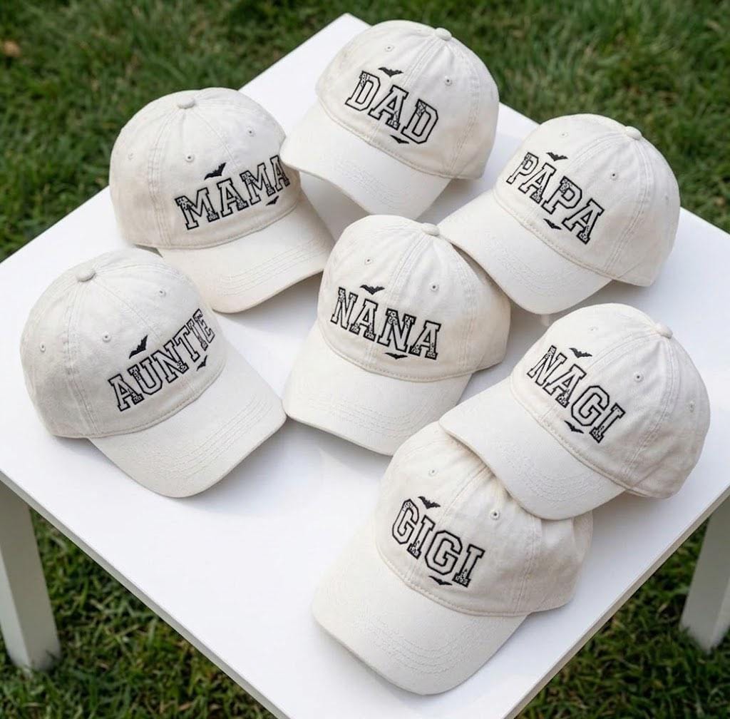 Custom Family Halloween Embroidered Hat, Personalized Mama Dad Auntie Nana Bat Baseball Cap, Washed Vintage Spooky Season Dad Hat Gift