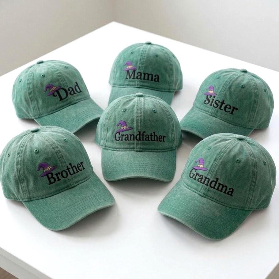 Custom Family Halloween Embroidered Hat, Personalized Witch Hat Mama Dad Brother Sister Baseball Cap, Spooky Season Green Dad Hat Gift