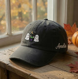 Embroidered Ghost Campfire Hat, Embroidered Halloween Cap, Cute Ghost Marshmallow Hat, Spooky Season Fall Cap, Cozy Autumn Gift For Women