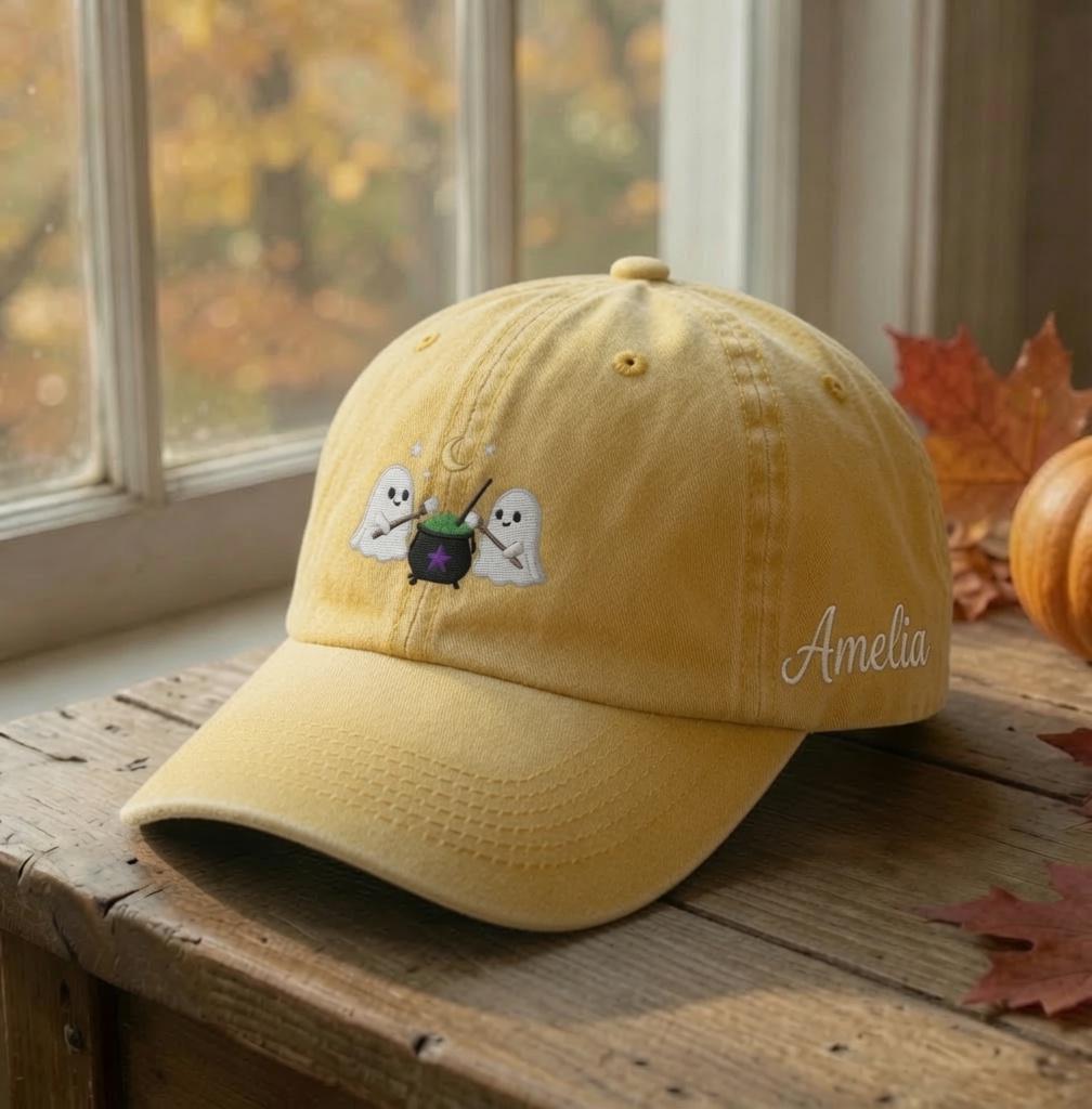 Embroidered Ghost Campfire Hat, Embroidered Halloween Cap, Cute Ghost Marshmallow Hat, Spooky Season Fall Cap, Cozy Autumn Gift For Women