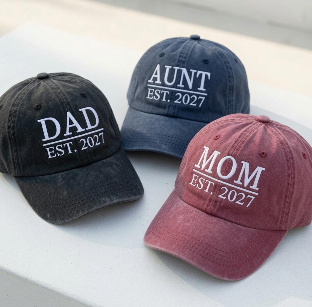 Custom Family Block Letter Embroidered Hat - Mom, Dad & Baby Reveal Cap