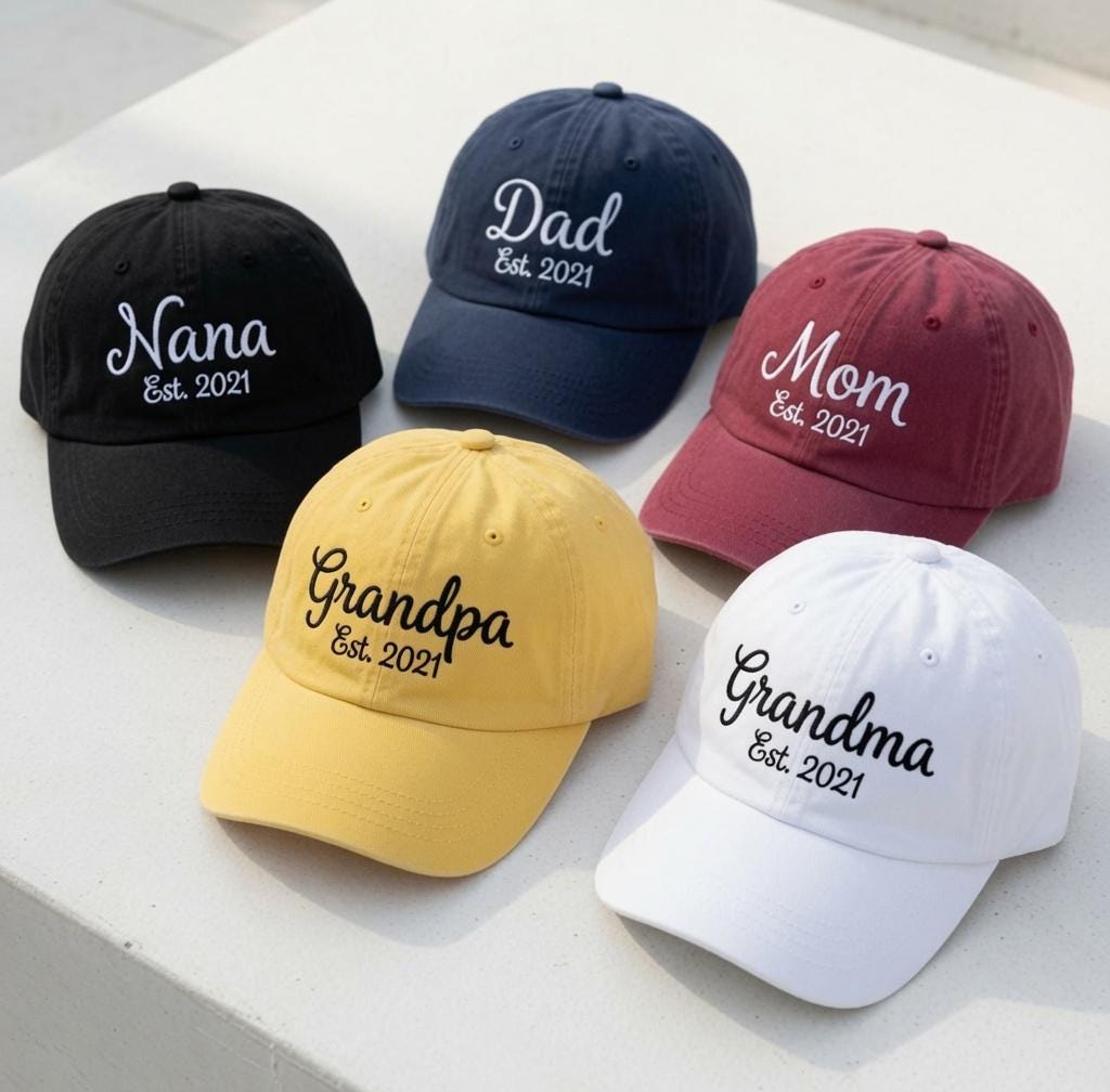 Custom Family Name & Established Year Embroidered Hat - Cursive Mom & Dad Cap