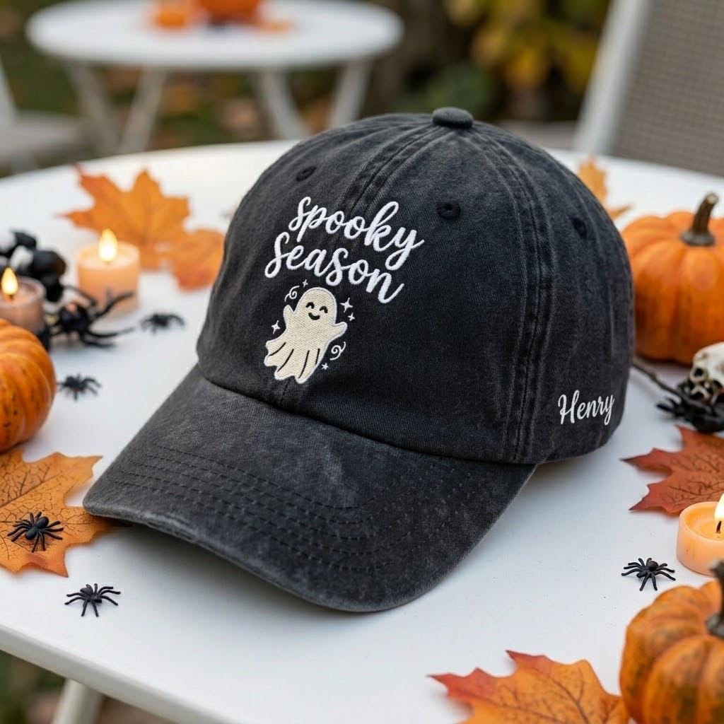 Custom Spooky Season Hat, Embroidered Ghost Cap, Personalized Side Name Hat, Cute Halloween Gift, Fall Aesthetic Dad Hat, Spooky Club Cap