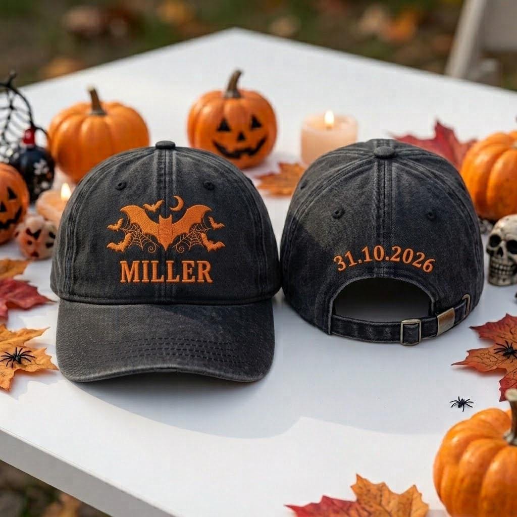 Custom Halloween Bat Hat, Personalized Family Name Cap, Spooky Season Dad Hat, Custom Date Cap, Ghost Party Gift, Fall Aesthetic Cap