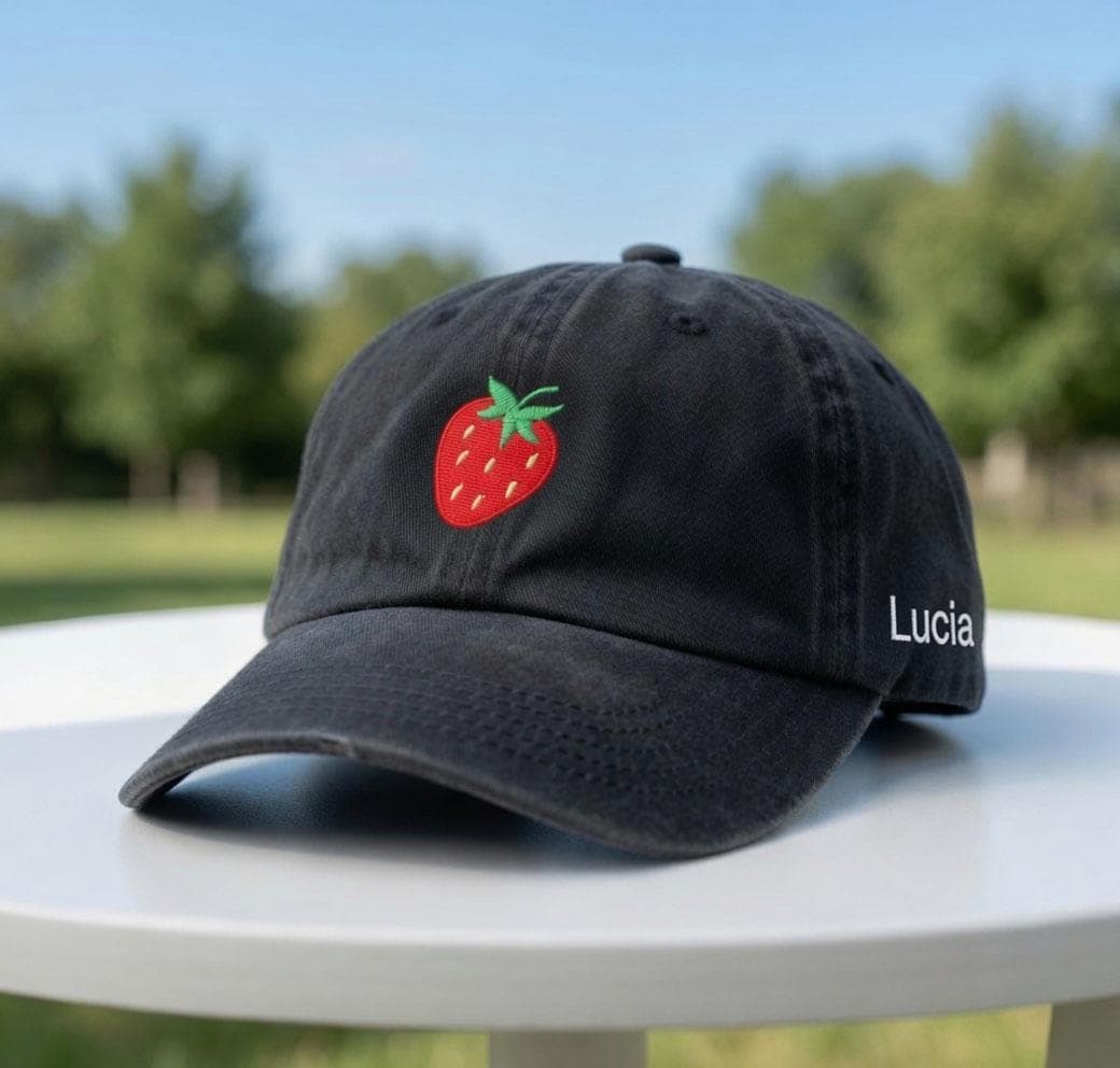 Custom Strawberry Hat, Embroidered Fruit Cap, Personalized Side Name Hat, Cute Strawberry Gift, Aesthetic Fruit Dad Hat, Berry Lover Cap