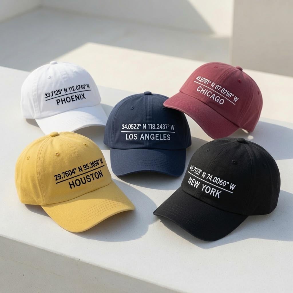 Custom Coordinates Embroidered Hat, Personalized Location Cap, Embroidered City Cap, Travel Memory Hat, Special Place Gift, Geographic Hat