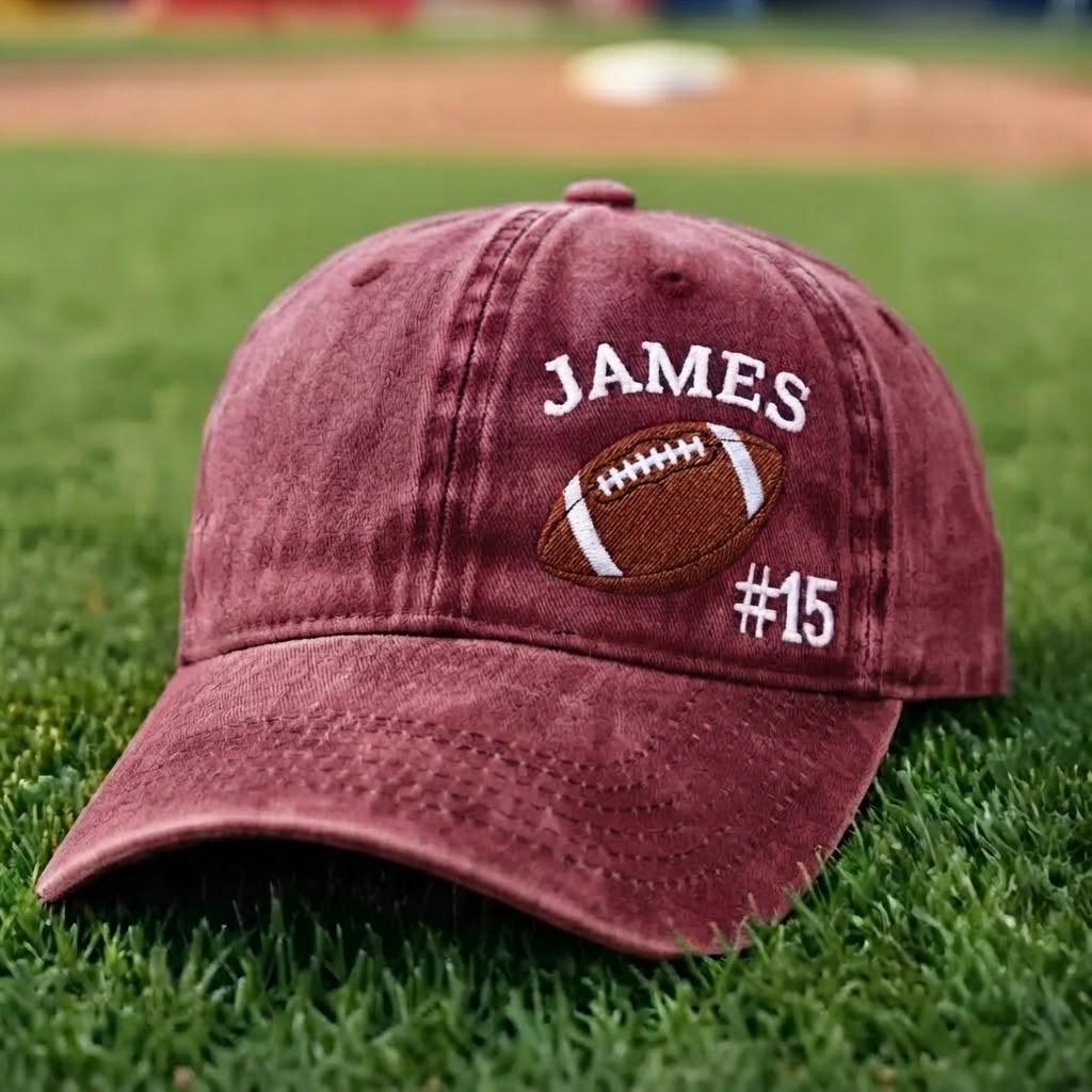 Custom Football Name & Number Embroidered Hat - Vintage Game Day Dad Cap