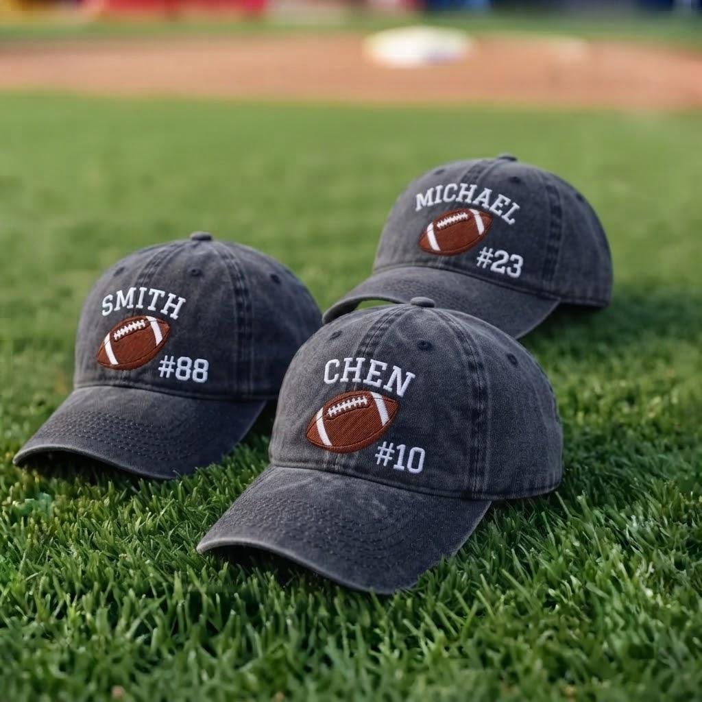 Custom Football Team Name Number Embroidered Dad Cap, Personalized Sports Fan Vintage Baseball Hat, Game Day Group Gift Accessories