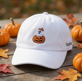 Custom Name Ghost Pumpkin Embroidered Hat, Personalized Halloween Ghost Dad Hat, Cute Spooky Season Baseball Cap, Halloween Gift