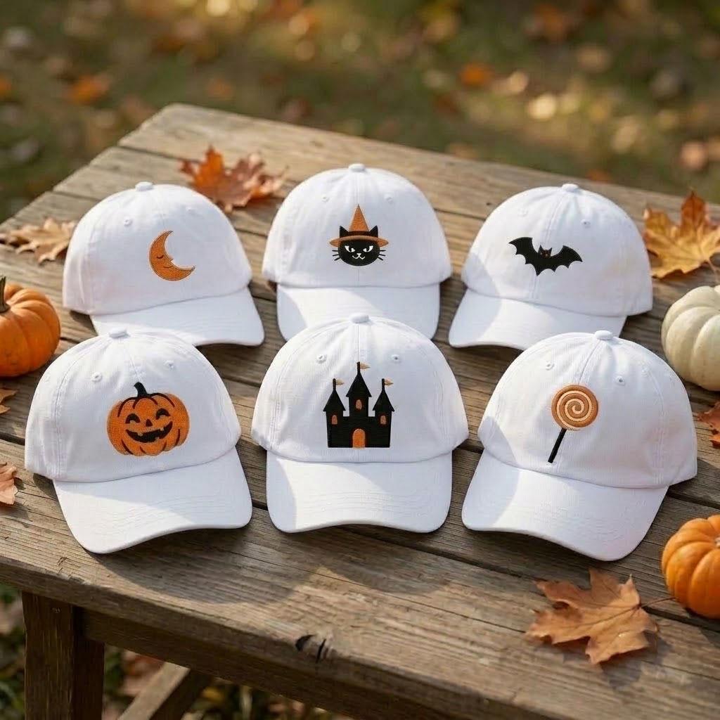 Custom Halloween Embroidered Hat, Vintage Pumpkin Bat Witch Cat Haunted Castle Baseball Cap, Spooky Season Dad Hat Gift
