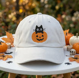 Custom Black Cat Pumpkin Embroidered Hat, Cute Halloween Cat White Baseball Cap, Personalized Spooky Season Dad Hat, Cat Lover Gift