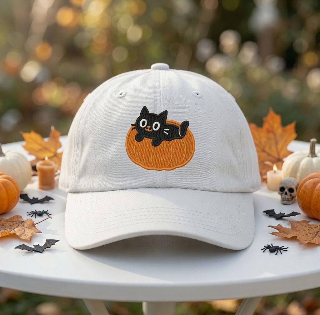 Custom Black Cat Pumpkin Embroidered Hat, Cute Halloween Cat White Baseball Cap, Personalized Spooky Season Dad Hat, Cat Lover Gift