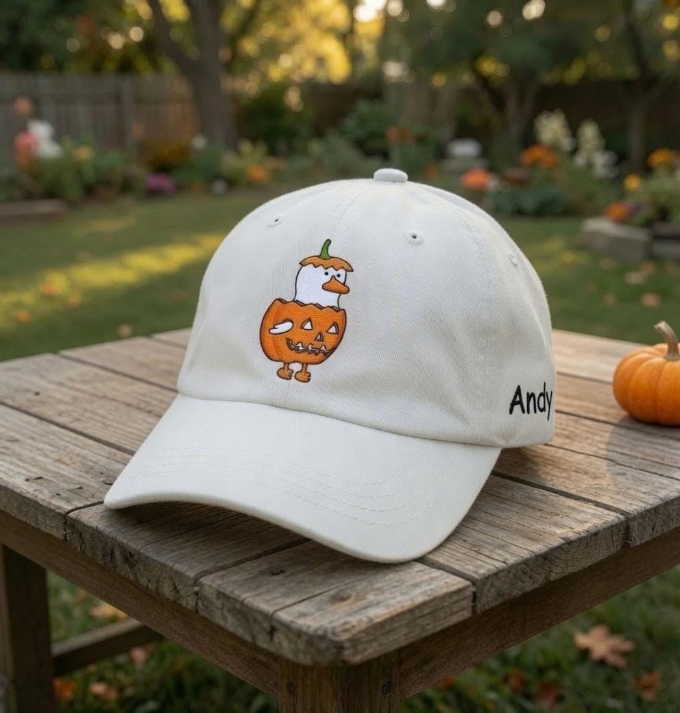 Custom Name Pumpkin Goose Embroidered Hat, Personalized Halloween Duck Baseball Cap, Vintage Washed Cotton Spooky Season Dad Hat Gift