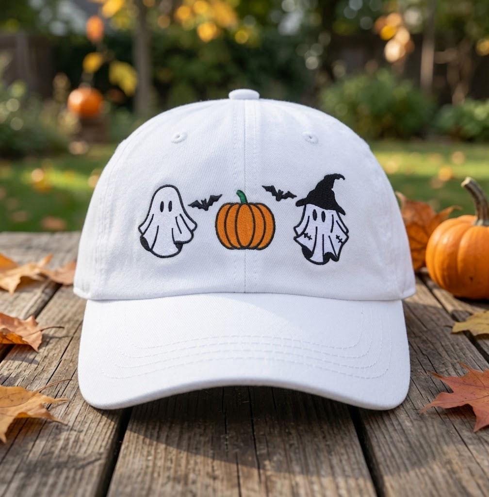 Custom Name Ghost Pumpkin Embroidered Hat, Personalized Halloween Witch Ghost Baseball Cap, Washed Cotton Spooky Season Dad Hat Gift
