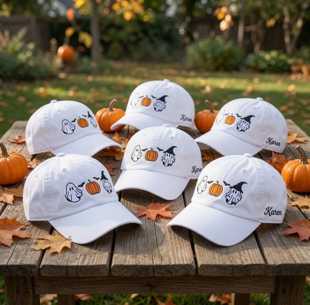 Custom Name Ghost Pumpkin Embroidered Hat, Personalized Halloween Witch Ghost Baseball Cap, Washed Cotton Spooky Season Dad Hat Gift