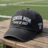 Embroidered Hat Senior Mom Class of 2027 Baseball Cap, Custom Name Number Sport Mom Gift, High School Football Senior Night Washed Dad Cap
