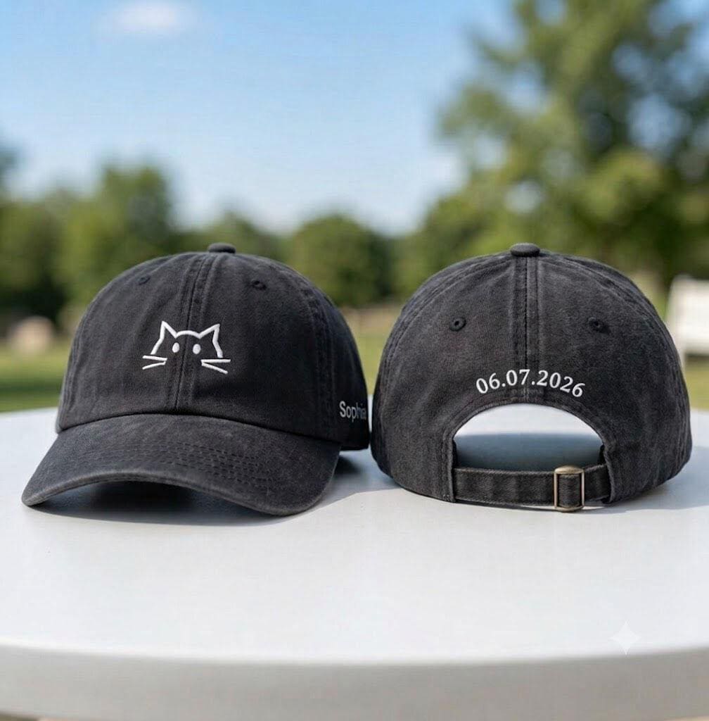 Custom Cat Face Hat, Embroidered Kitty Cat Cap, Personalized Side Name Dad Hat, Cute Cat Lover Gift, Custom Date Cap, Kitten Owner Merch