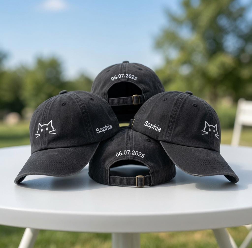 Custom Cat Face Hat, Embroidered Kitty Cat Cap, Personalized Side Name Dad Hat, Cute Cat Lover Gift, Custom Date Cap, Kitten Owner Merch
